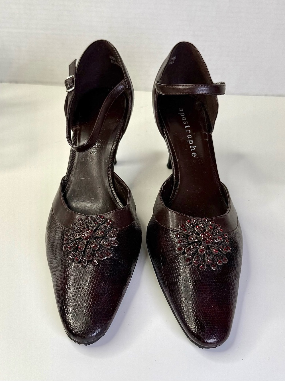 Apostrophe Jett Brown Pointed Toe Mary Jane Strappy Kitten Heels Women's Size 7M - Picture 9 of 16